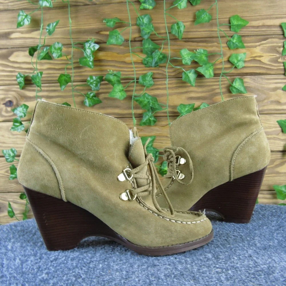 Michael Kors Women 6 Tan Suede Wedge Booties Shearling Lined Lace-Up Ankle Boots